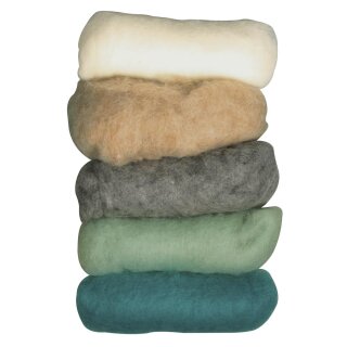 Reine Schurwolle, Vlies, 5 Farben à 20g, Beutel 100g, Wintermix  Winter Lights