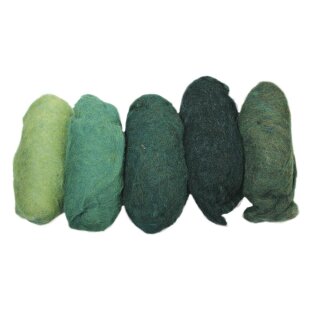 Reine Schurwolle, meliert, Vlies, 5 Farben à 20g, Grün-Töne