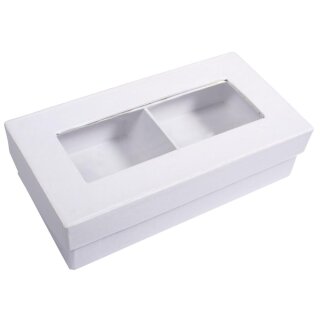 Pappmaché Geschenkbox, FSC Rec. 100%, 16,5x8,5x4,5cm, m. Unterteilung+Fenster, weiß