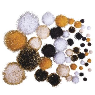 Metallic-Pompons,sortiert, Farben+Größen sortiert,  50 Stück, schwarz-gold
