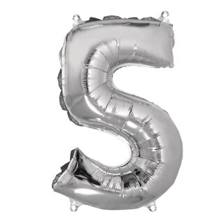 Folienballon Zahl 5, 40cm,  1 Stück, silber