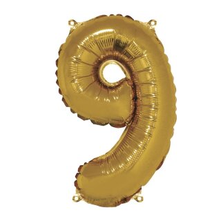 Folienballon Zahl 9, 40cm,  1 Stück, gold