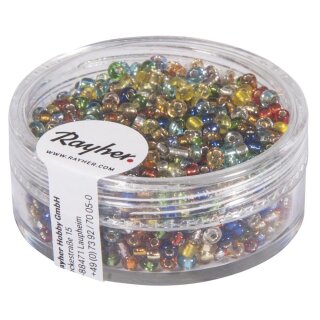 Rocailles, 2 mm ø, mit Silbereinzug, Dose 17g, gemischt, nicht waschbar
