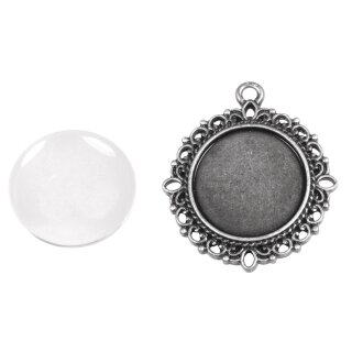 Metall- Fassung: Anh. m. Zierrand, 3cm ø, m. Cabochon,  1Set, altsilber