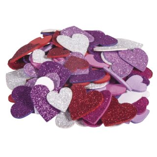 Moosgummi Herzen Glitter, 2+3cm ø, selbstklebend,  100 Stück