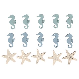 MDF Streuteile Seesterne+Seepferde, 3cm, 2 Designs, 3 Farben,  15 Stück