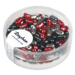 Doppelloch-Rocailles Mix verwachst, 3x5mm, Dose 12g, schw./rot
