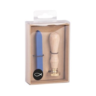 Siegel Set Fisch, 2,5cm ø, 1 Stempel, 1 Wachs ca.12g, SB-Box 1Set, royalblau