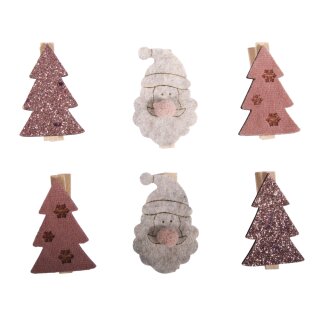 Holz Tanne und Santa auf Klammer, 3,1x4,8cm, 3 Designs, SB-Btl 6Stück