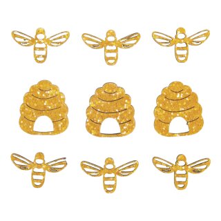 Holz-Streuteile Bienen+Bienenkorb, 3cm, m. Klebepunkt,sort., SB-Btl. 9Stück, honiggelb