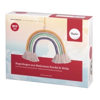 Bastelpackung: Regenbogen aus Makramee Kordel+Wolle, ca. 25x20 cm, mit Anleitung, Box 1Stück, bunt