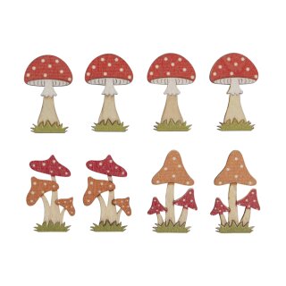 Holz-Streuteile Fliegenpilze, 4-4,5cm, mit Klebepunkt, SB-Btl. 8Stück, bunt