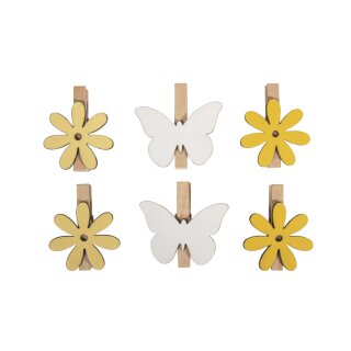 Holzklammern Blume Schmetterling, 4-5cm, sortiert, SB-Btl. 6Stück