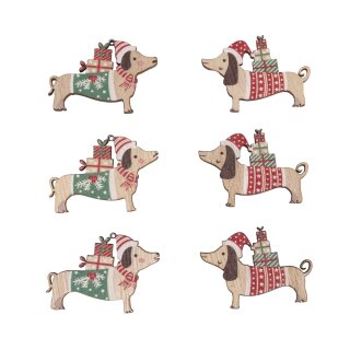Holz Streuteile Weihnachtsdackel, 4,4x3,2cm, m. Klebepunkt, SB-Btl. 6Stück