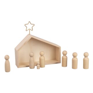 Holz Krippe mit Figuren, FSC 100% 22x5,6x21,5cm, 9tlg.1 Set natur