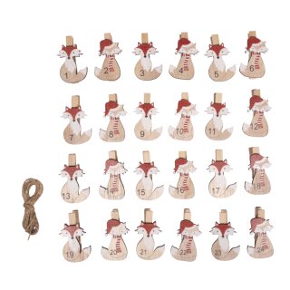 Adventszahlen Fuchs 1-24, FSC 100%, 2,5x4,8cm, Klammern+Kordel, SB-Btl. 1Set
